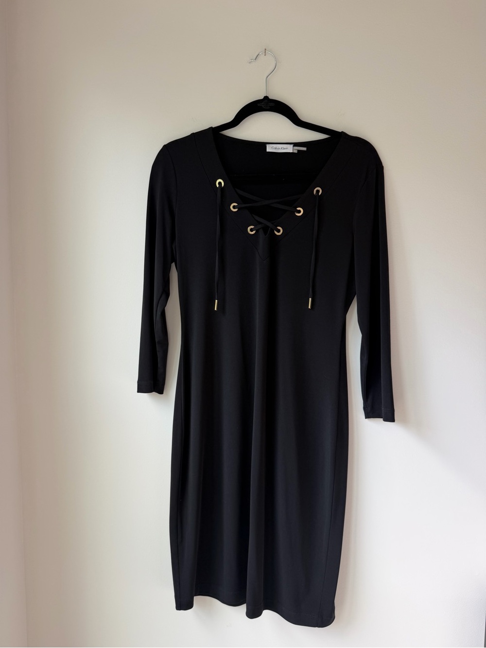 Calvin Klein Black Lace-Up V-Neck Long Sleeve Dress